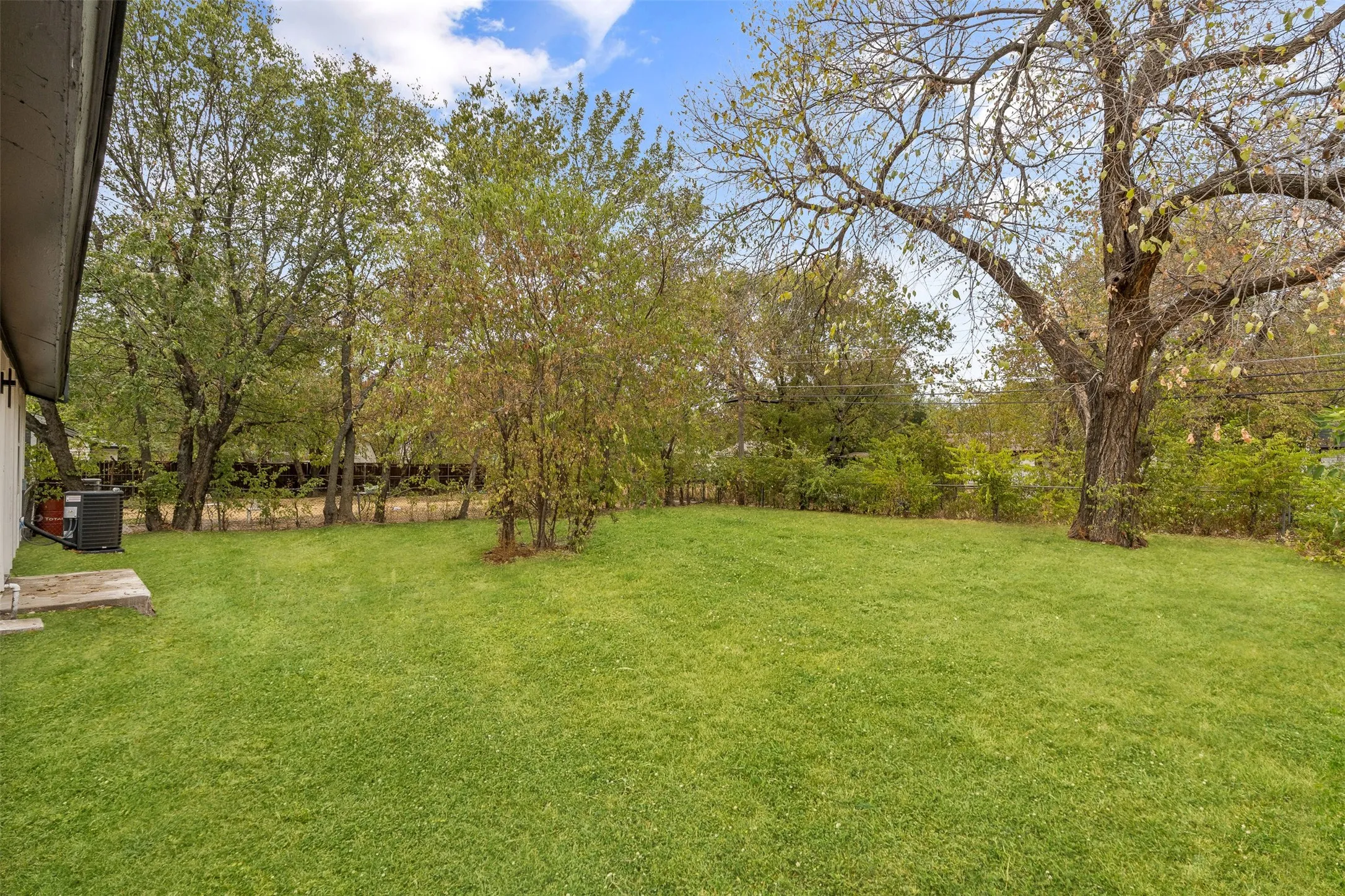 Expansive lawn with mature trees and a concrete patio