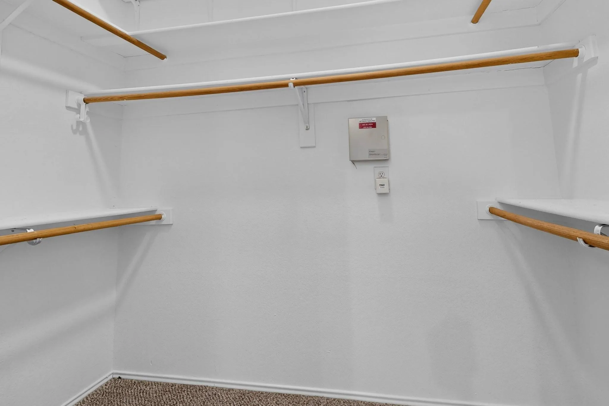 Built-in shelving and hanging rods with a carpeted floor