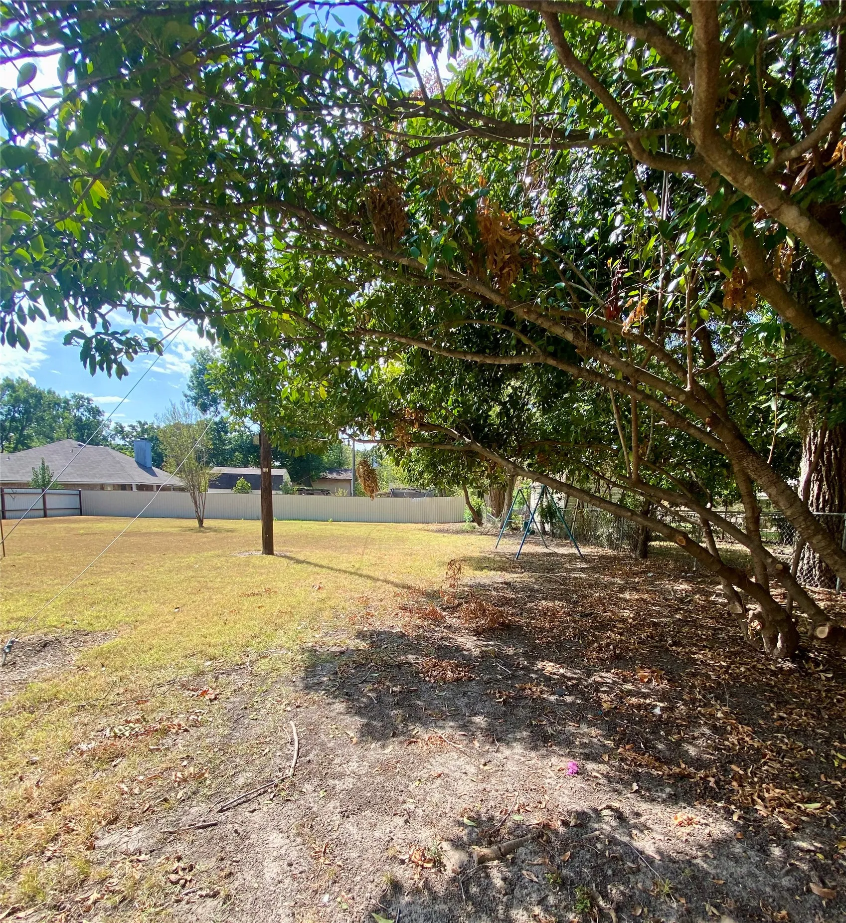 Expansive yard with mature trees providing partial shade