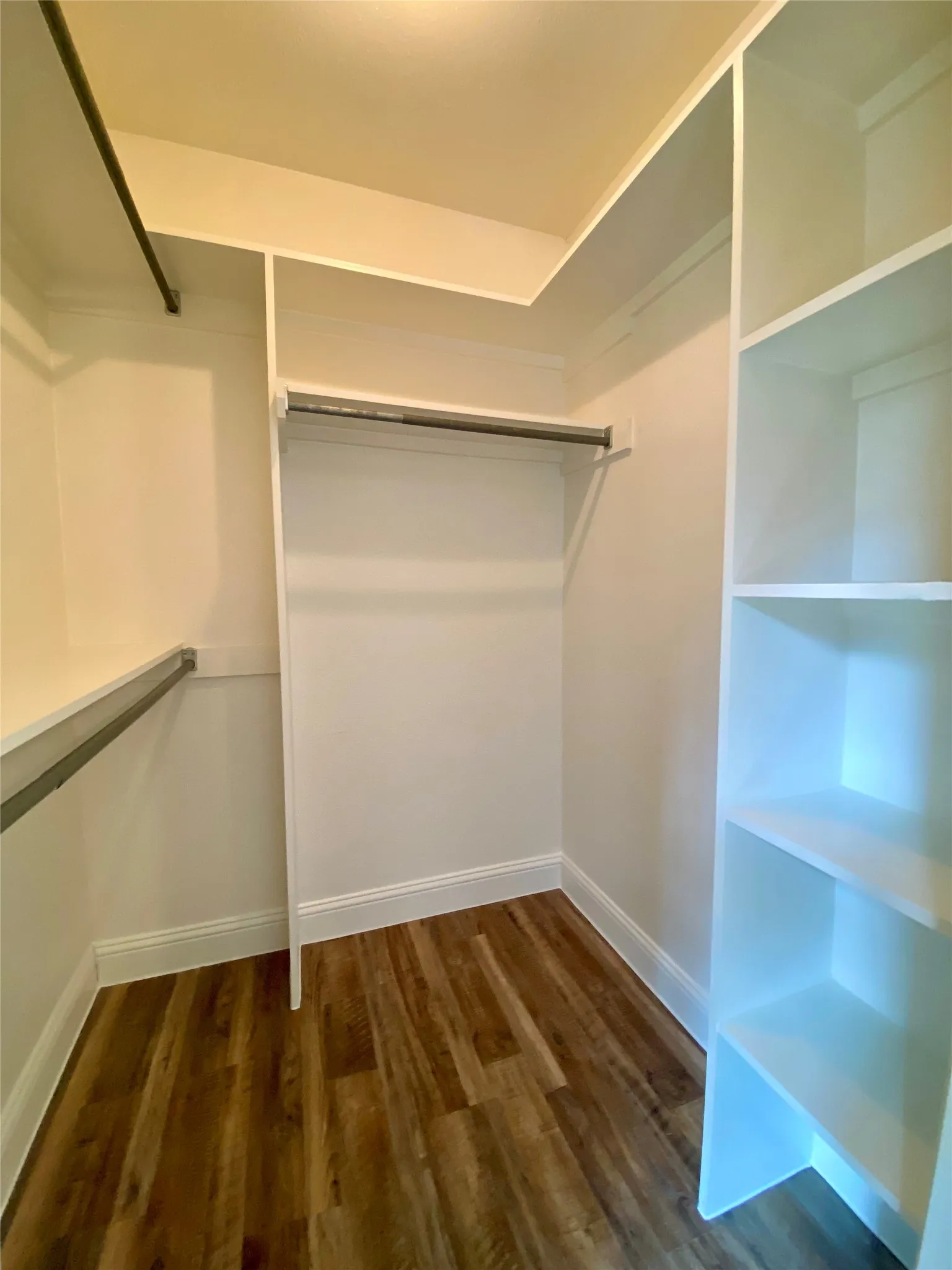 Primary Walk-in closet #1 Organized closet featuring multiple hanging rods, built-in shelving, and wood-finish flooring