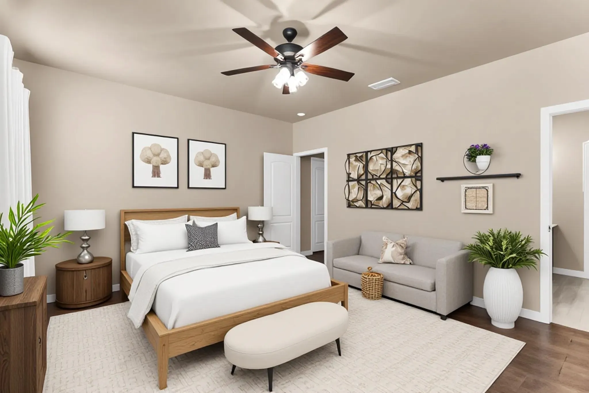 Vaulted ceiling with a dark wood-finish ceiling fan and light kit