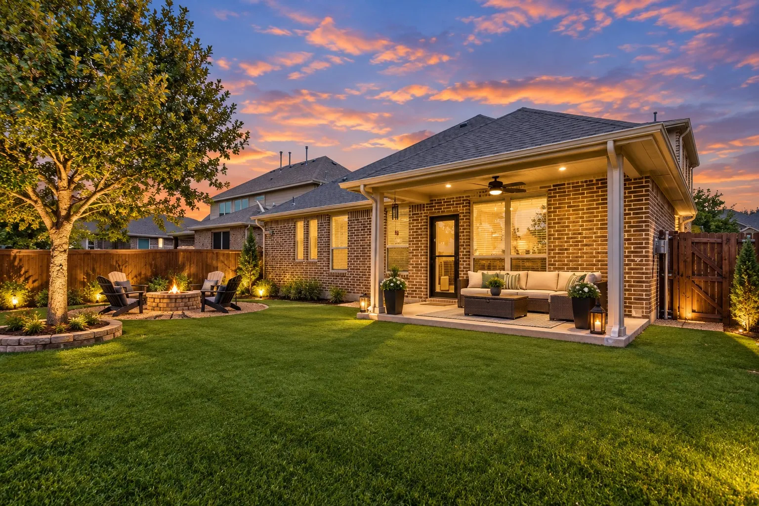 Expansive backyard featuring a covered patio, brick exterior, dedicated fire pit area, and perimeter fencing