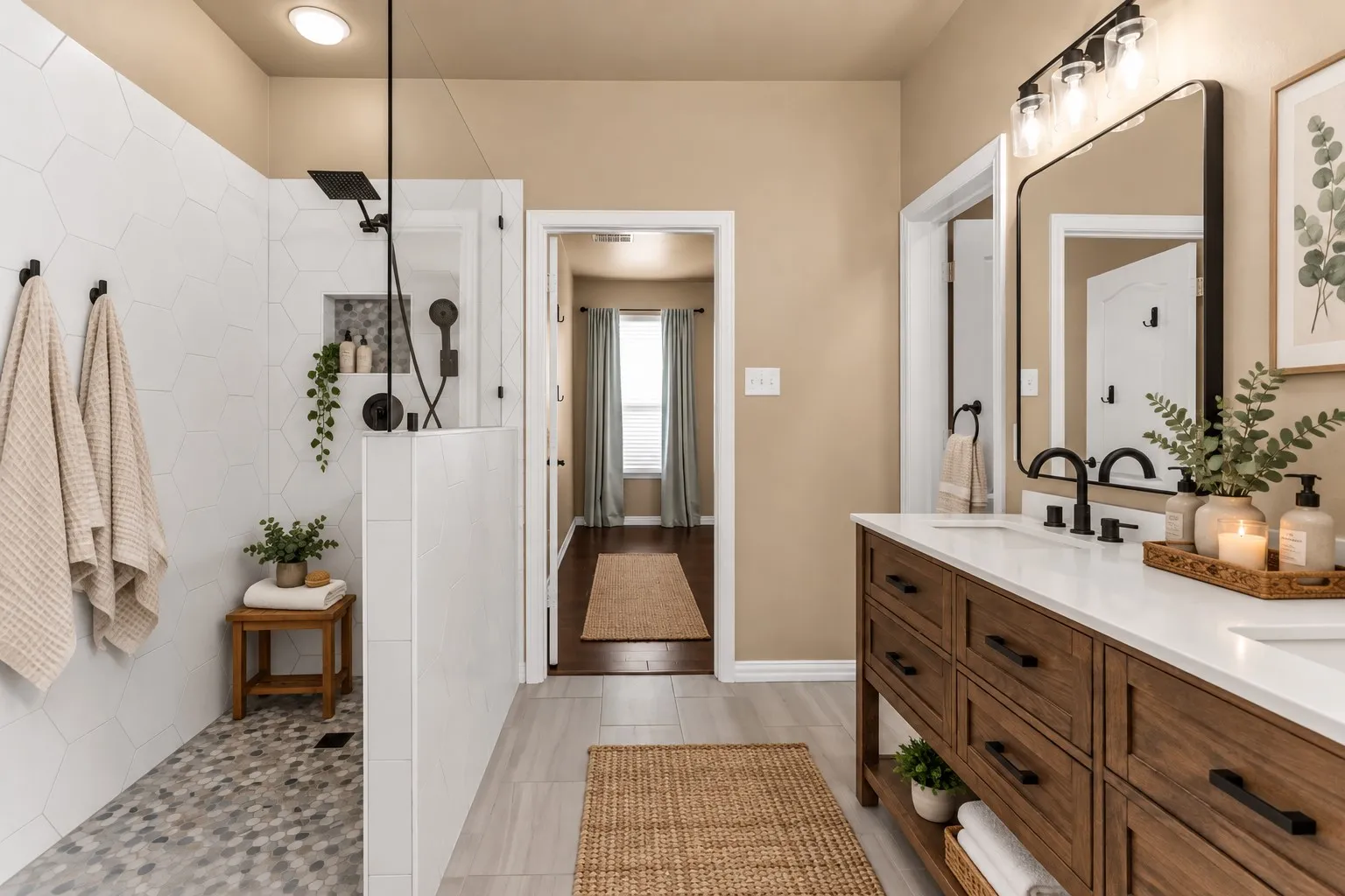 Walk-in shower with hexagonal wall tile and mosaic floor tile