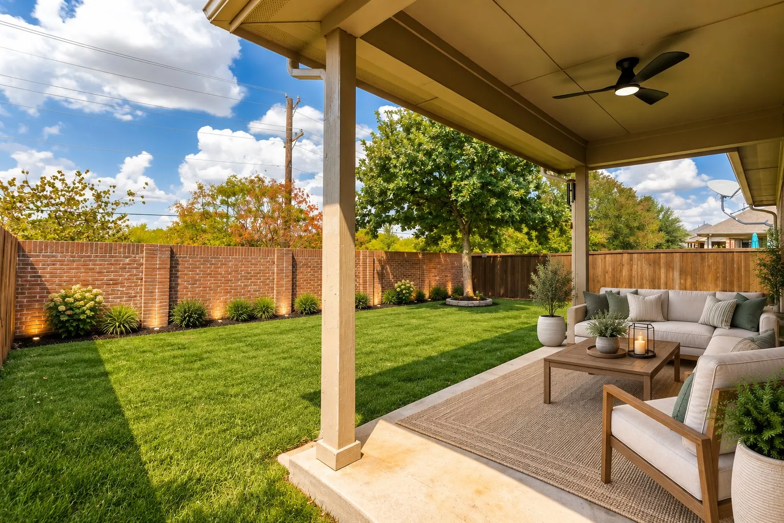 Covered patio with a ceiling fan, concrete flooring, and a grass lawn