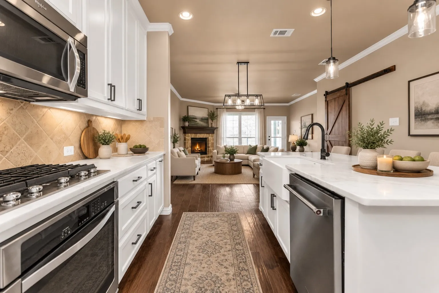Open-concept kitchen with stainless steel appliances, white cabinetry, a farmhouse sink, stone countertops, and wood-finish flooring
