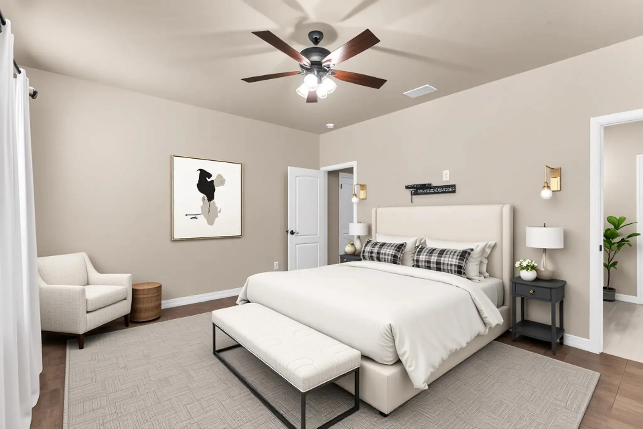 Wood-finish flooring, recessed lighting, and a ceiling fan with light fixture