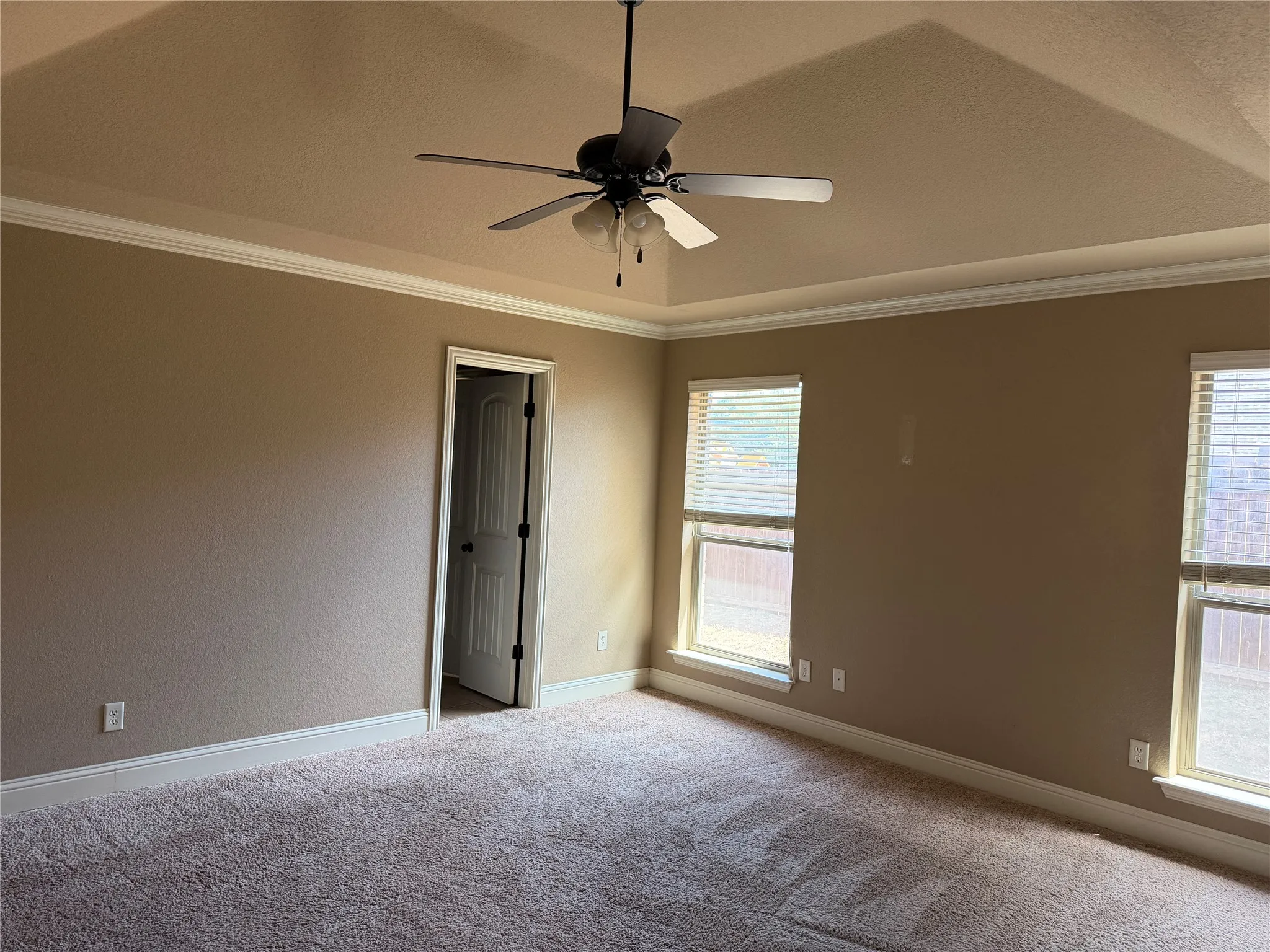 Tray ceiling with crown molding, ceiling fan with integrated lighting, two double-hung windows with blinds, and neutral-toned carpeting