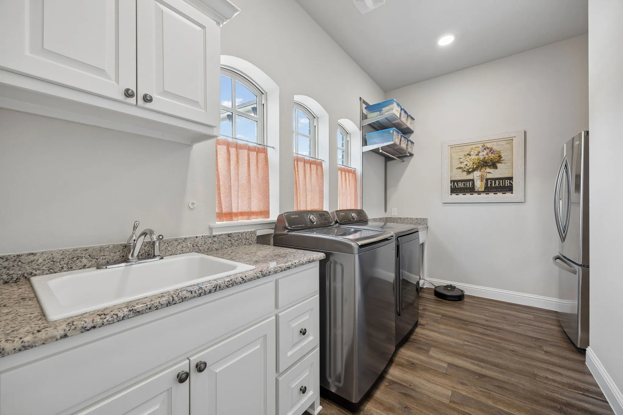 Lots of storage and cabinet space. Room for a refrigerator or freezer