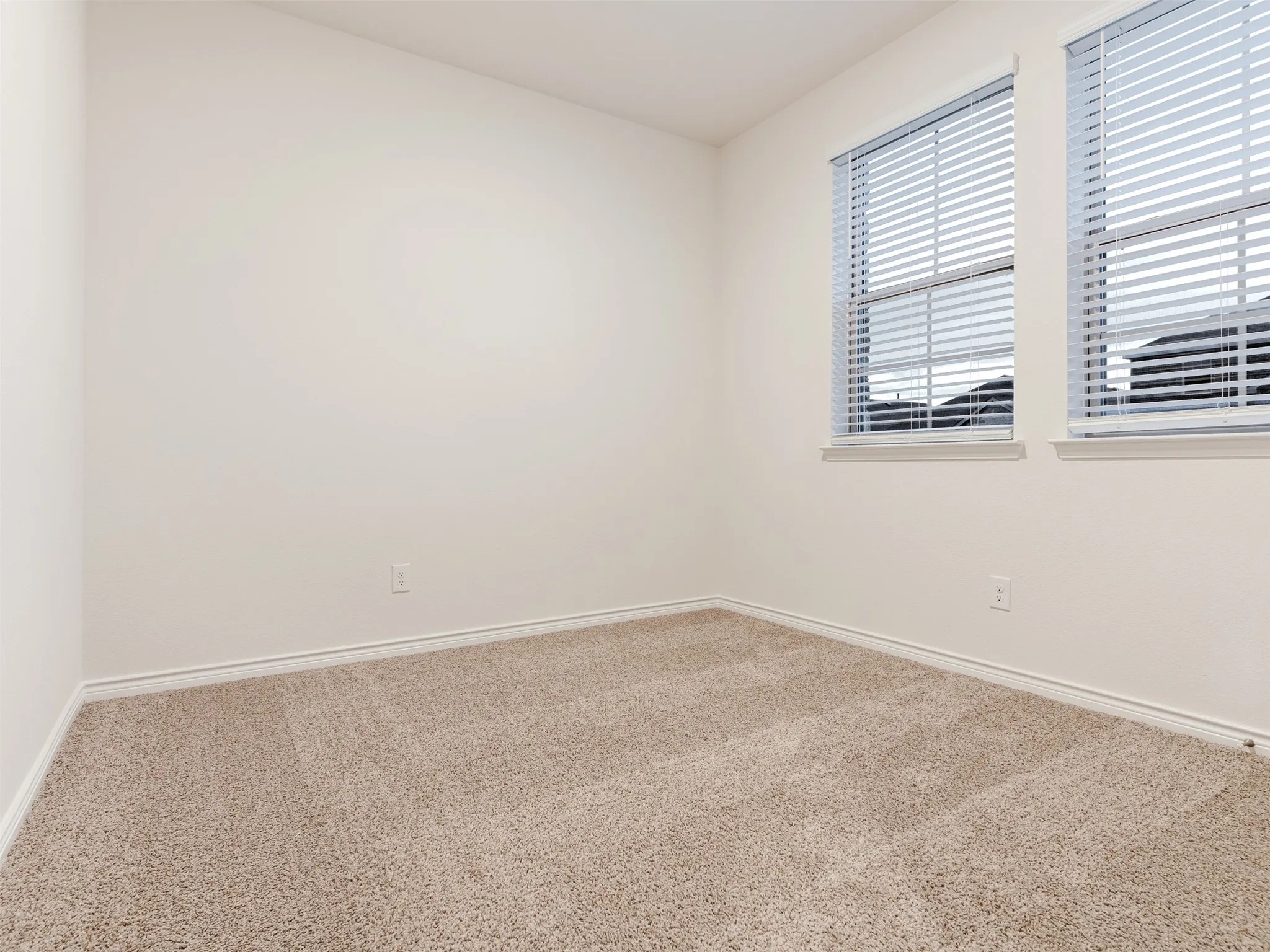 Beige carpet flooring, neutral paint palette, two windows with blinds