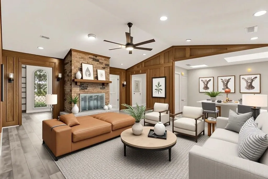 Vaulted ceiling with wood paneling, brick fireplace with mantel, wood-finish flooring, recessed lighting, and a ceiling fan