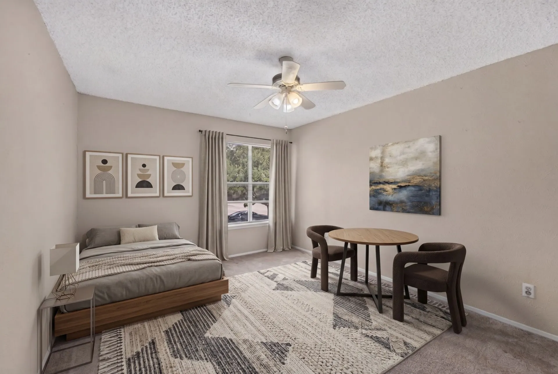 Recessed window with drapes, ceiling fan with integrated lighting, and neutral wall paint