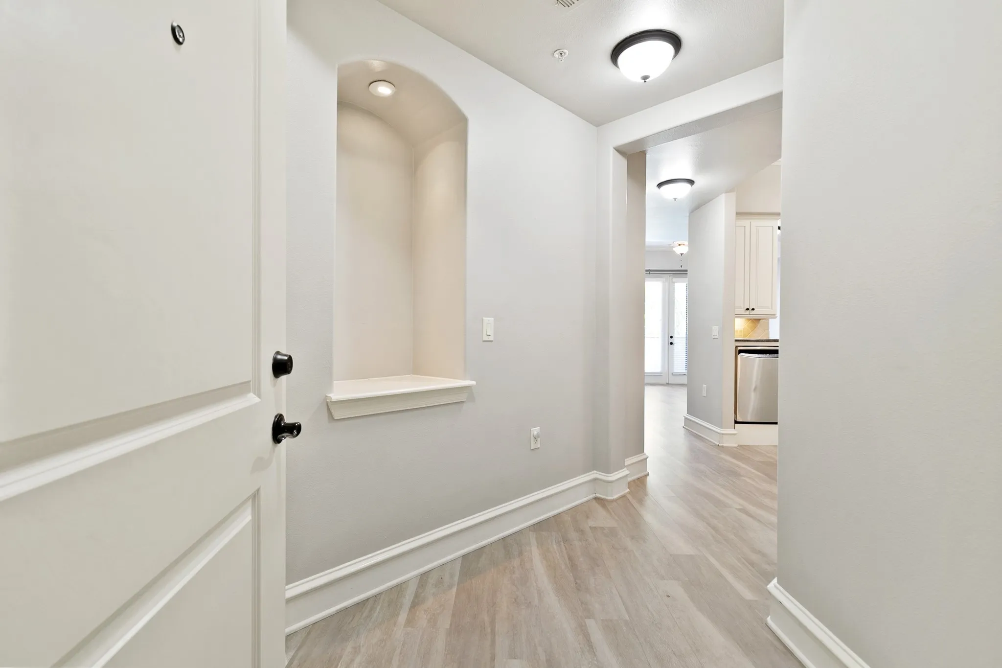 Arched wall niche with recessed lighting, white paneled interior door with matte black hardware, and overhead flush-mount lighting fixtures