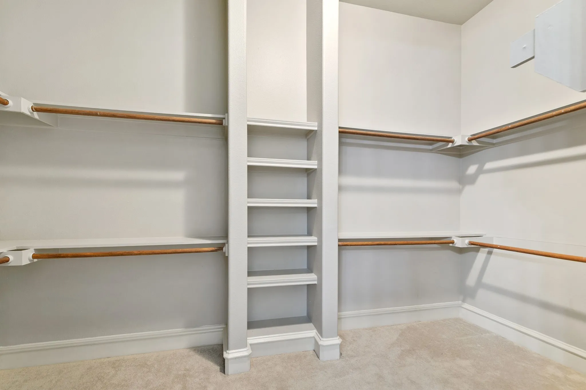 Walk-in closet with carpet flooring, extensive built-in shelving, and multiple hanging rods