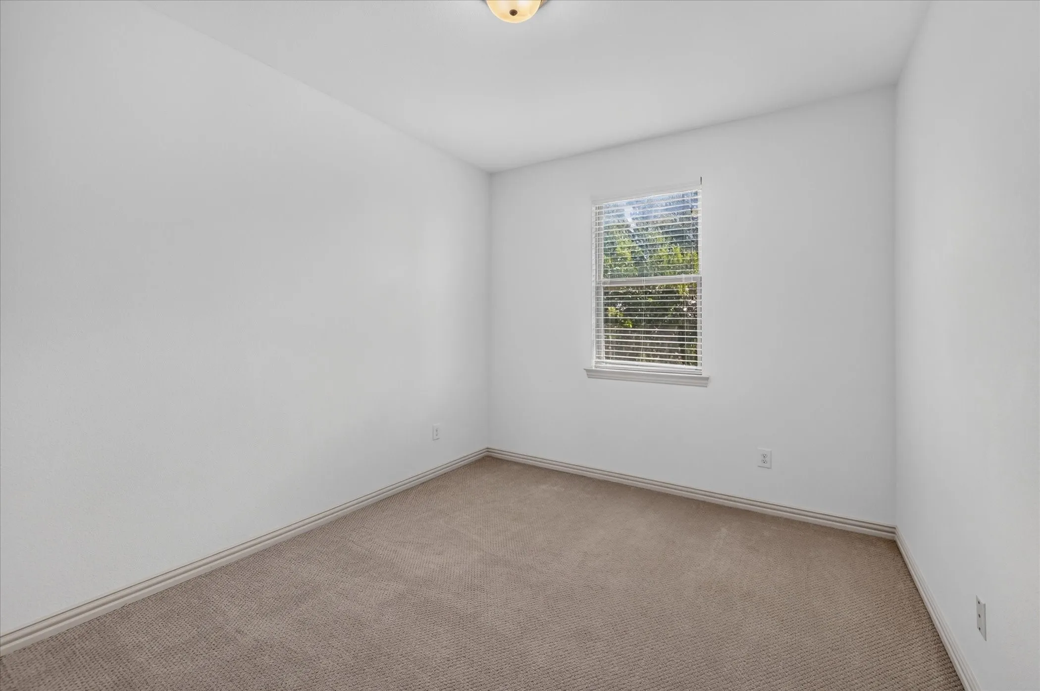 Carpeted flooring with white wall finishes, single window with blinds, and flush mount lighting