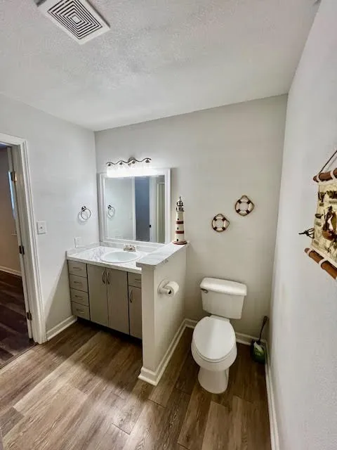Wood-finish flooring, single vanity with light-colored countertop, wall-mounted mirror, and vanity lighting