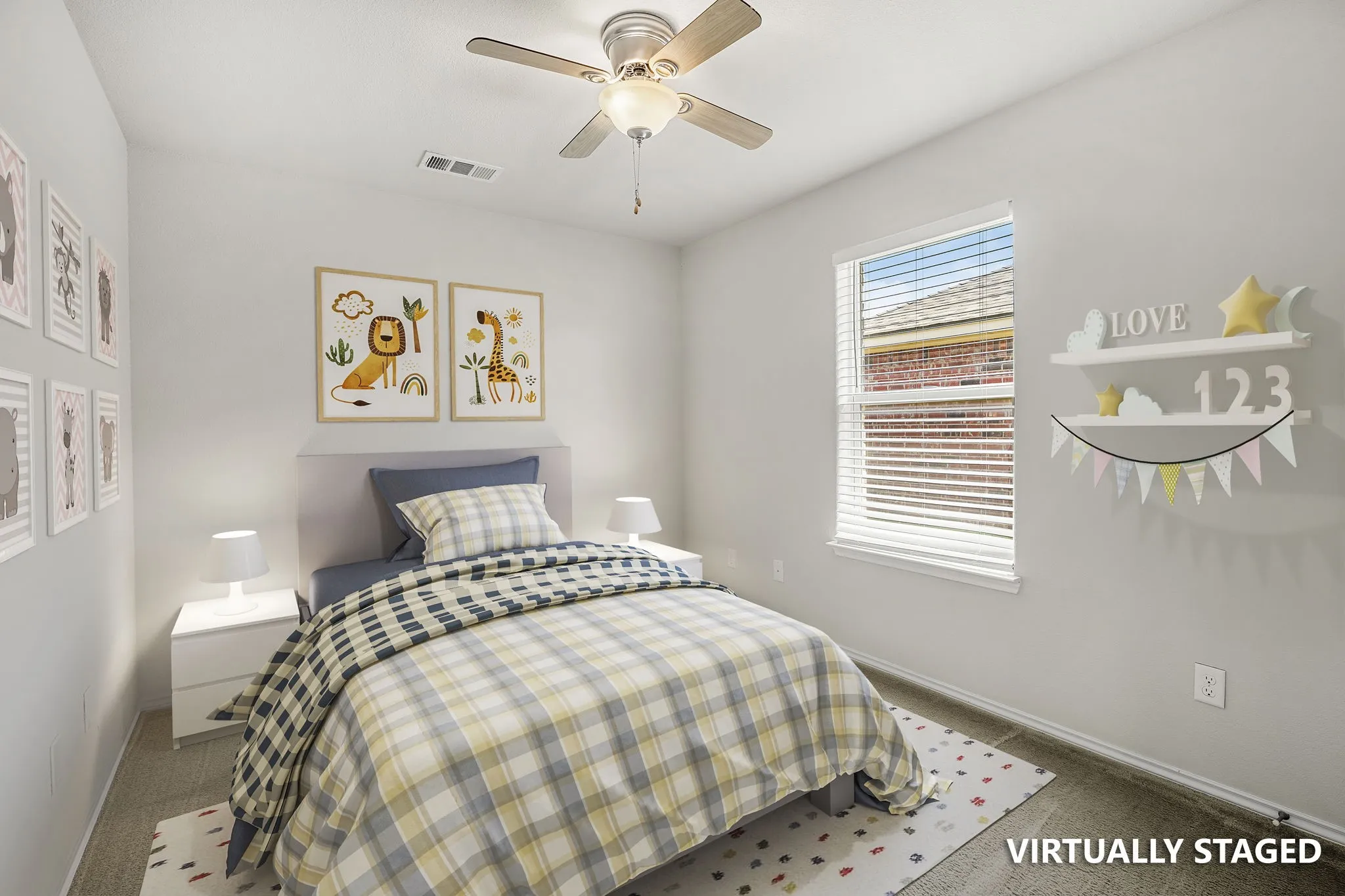 Ceiling fan with integrated lighting, single window with blinds, and light-colored walls