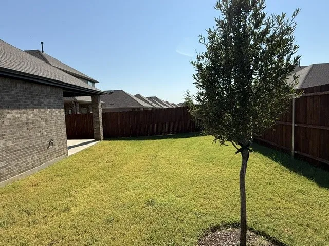 Expansive backyard featuring a manicured lawn, established tree, and privacy fencing
