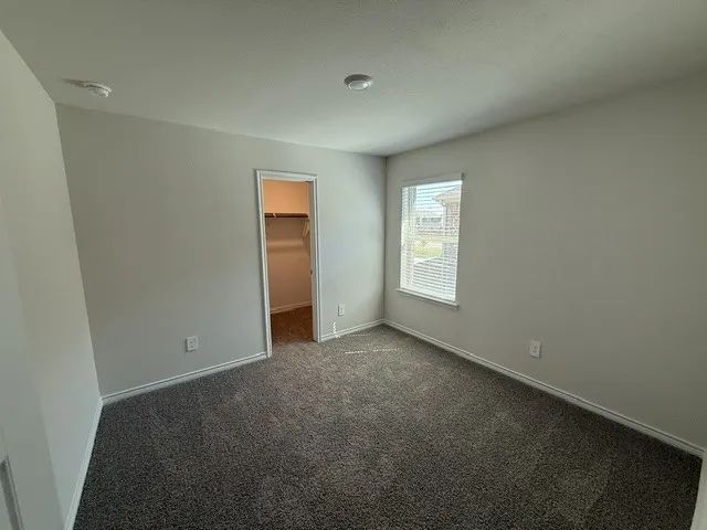 Neutral wall color, window with blinds, recessed ceiling lighting, textured carpet flooring, and a walk-in closet with shelving