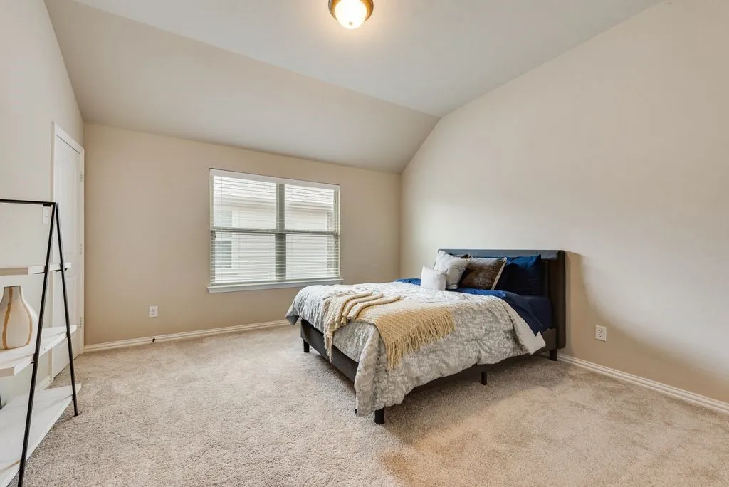 Vaulted ceiling, neutral wall tones, carpet flooring, single window, and a flush-mount light fixture