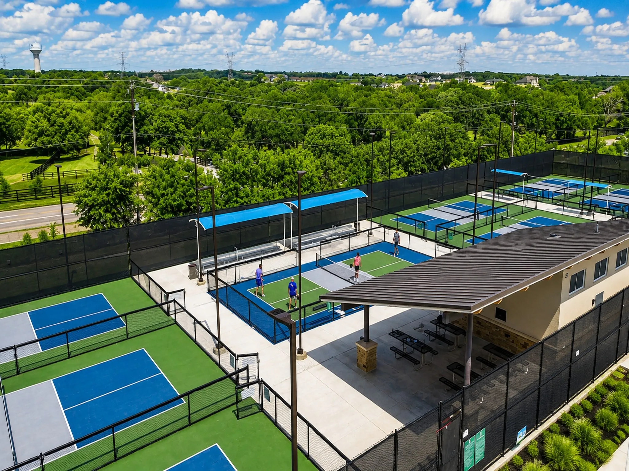 Multiple outdoor pickleball courts with perimeter fencing, shaded seating areas, and a community building with a covered patio