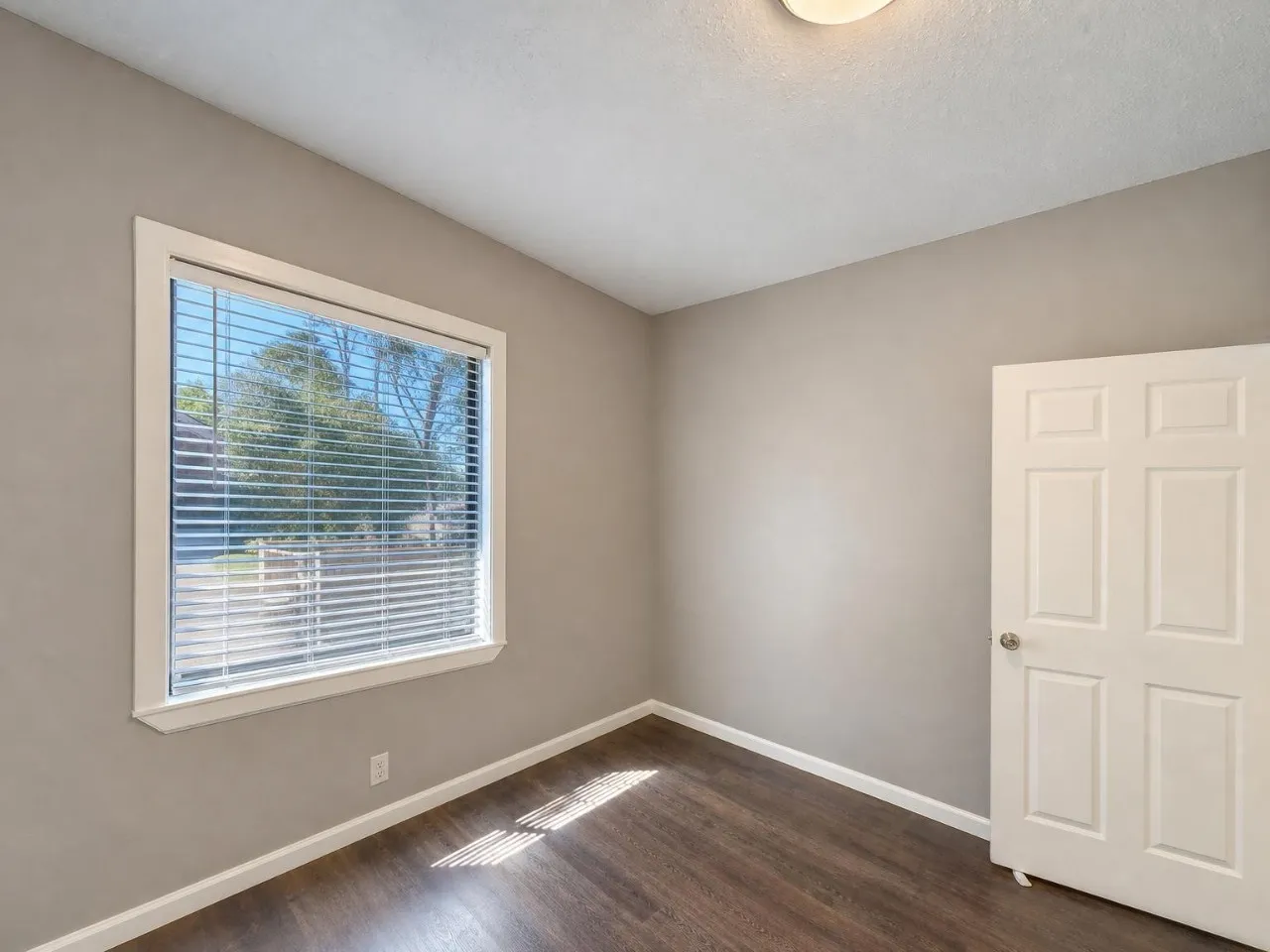 Wood-finish flooring, neutral wall paint, window with blinds, white trim, and a six-panel door