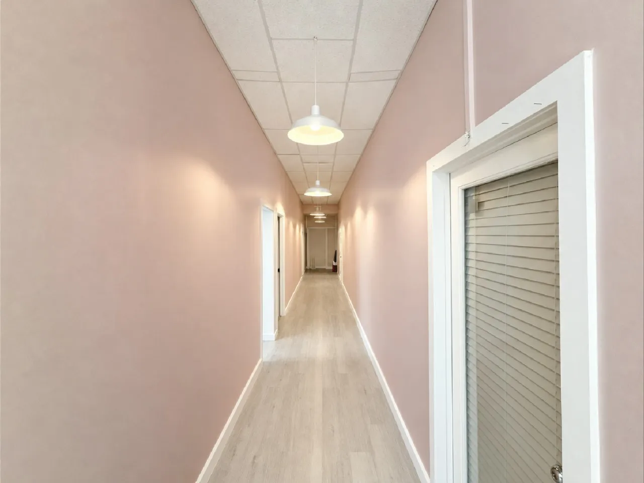 Recessed panel ceiling, pendant lighting, wood-finish flooring, white baseboards, and interior doors with glass inserts