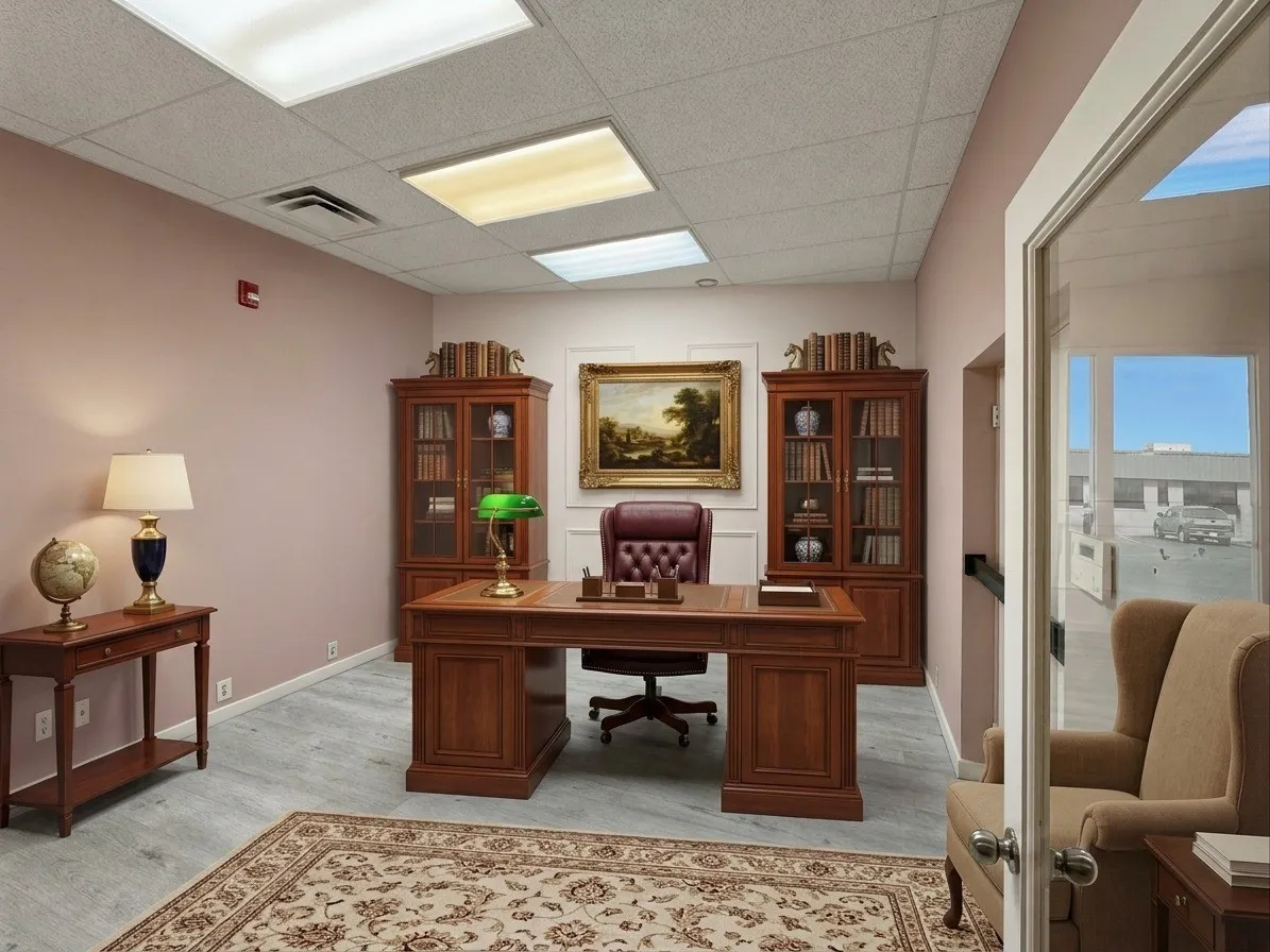 Wood-finish flooring with a drop ceiling and recessed lighting