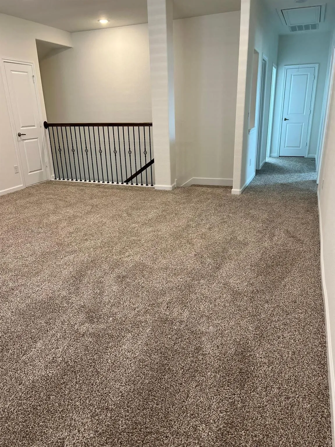 Expansive carpeted area featuring a decorative wrought iron railing and white interior doors