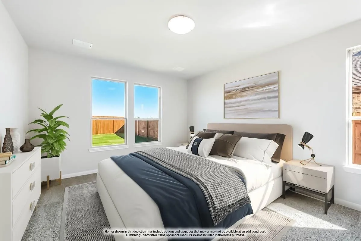 White walls, wood-finish flooring, two large windows, white trim, and a flush mount ceiling light