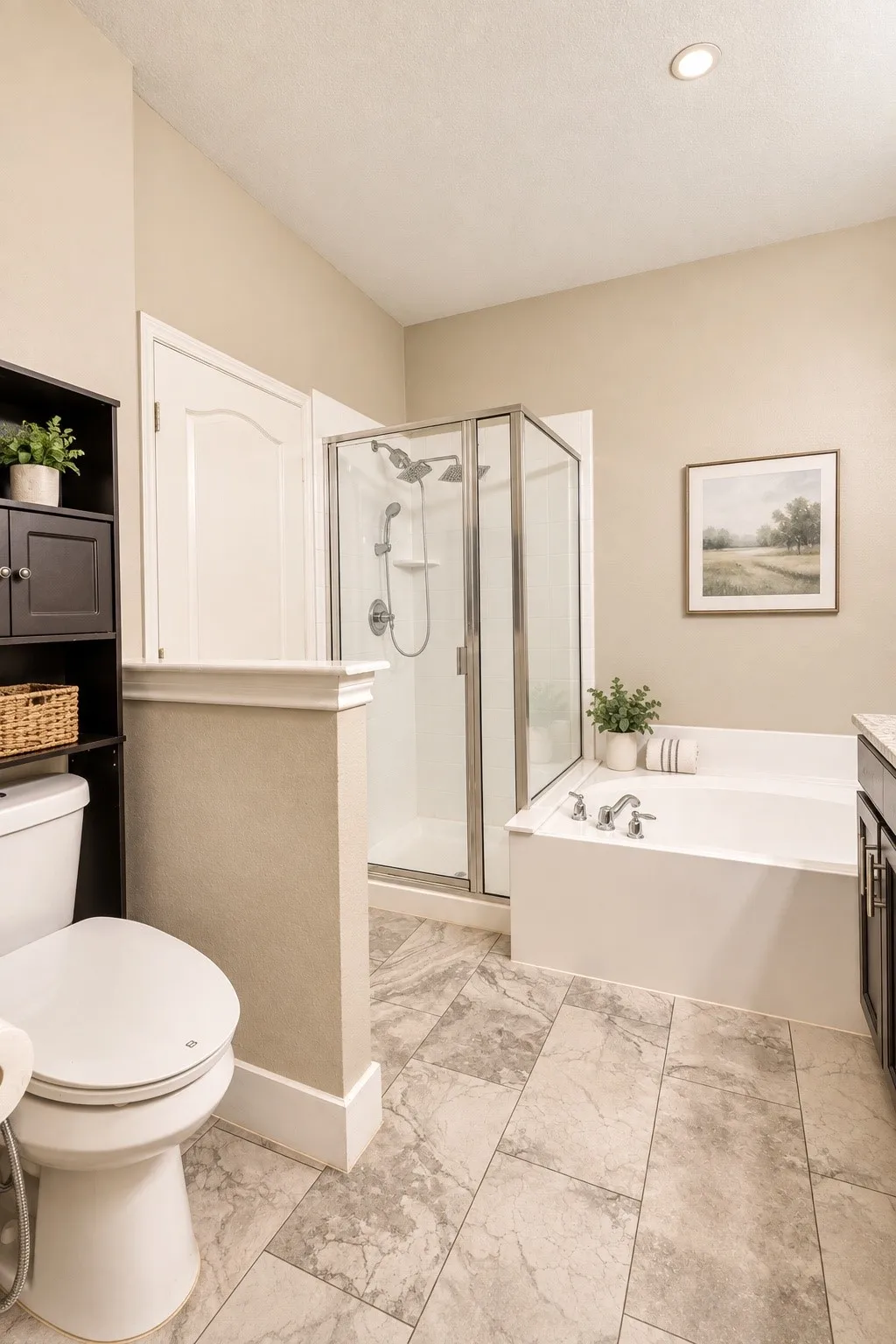 Bathroom featuring a walk-in shower with glass enclosure, separate soaking tub, and tile flooring