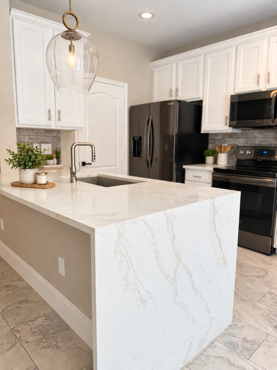 Kitchen featuring a waterfall-edge island, undermount sink with a gooseneck faucet, white shaker-style cabinetry, and dark-finish appliances