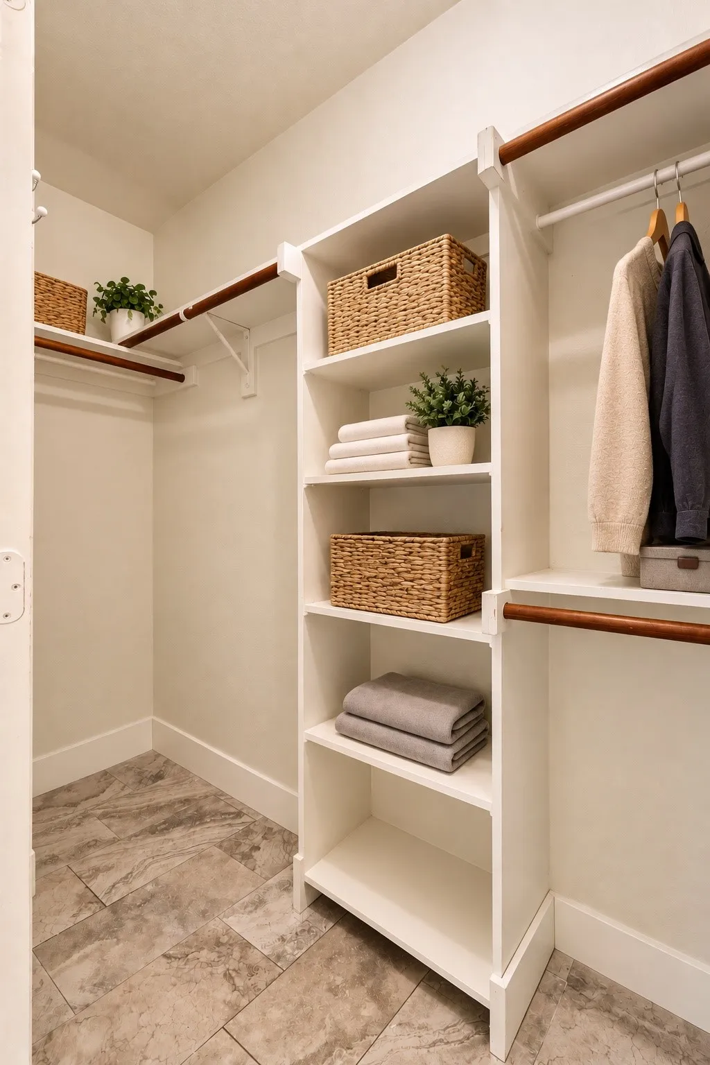 Built-in closet system featuring white shelving, multiple hanging rods, and tile flooring