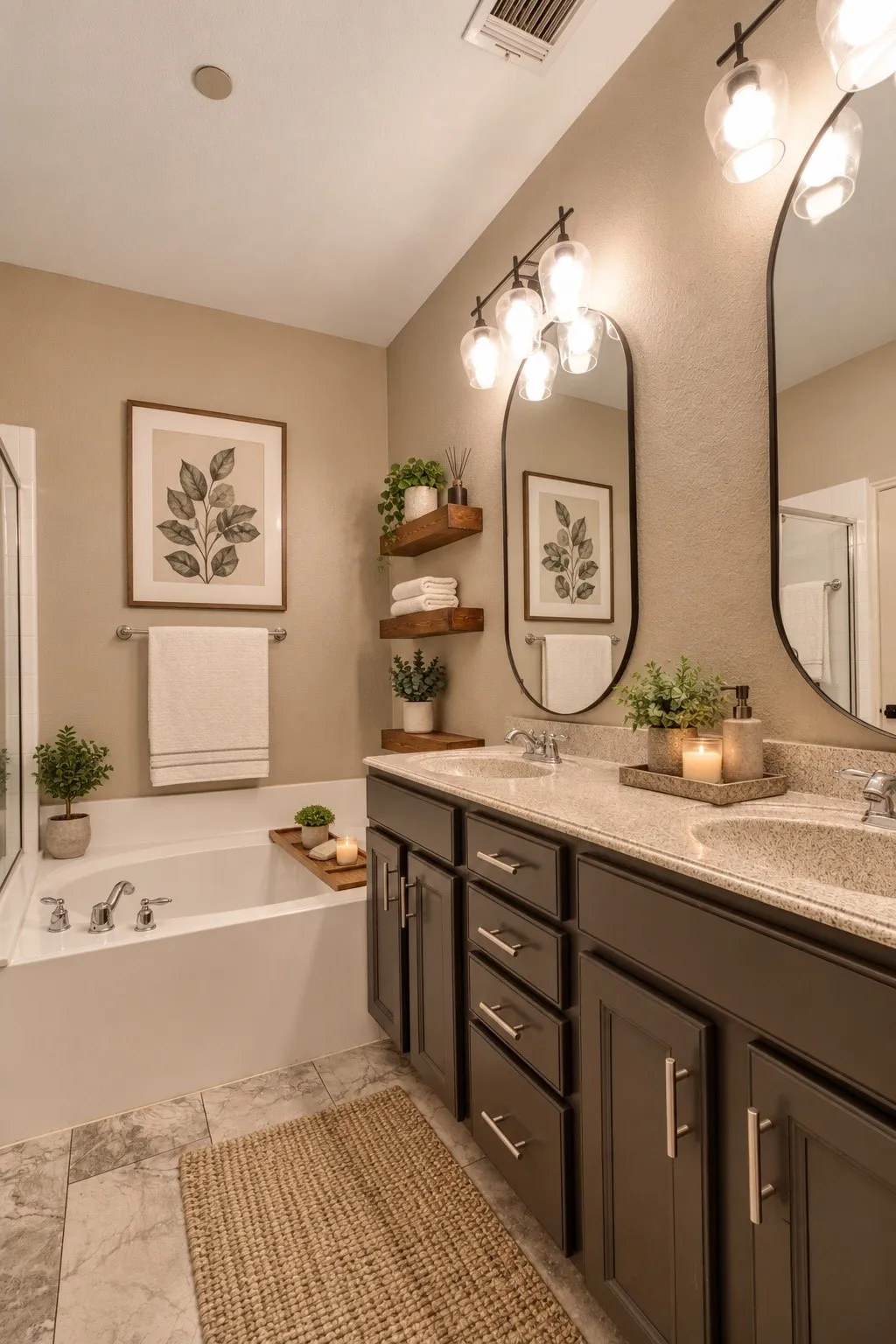 Dual vanities with integrated sinks, framed mirrors, and overhead lighting fixtures