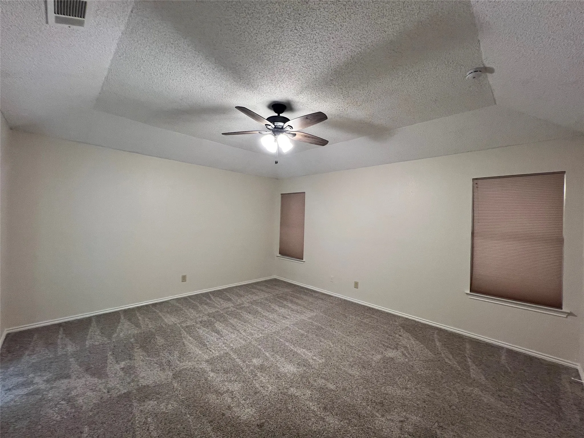 Tray ceiling with recessed lighting, ceiling fan, two windows with blinds, and carpeted flooring
