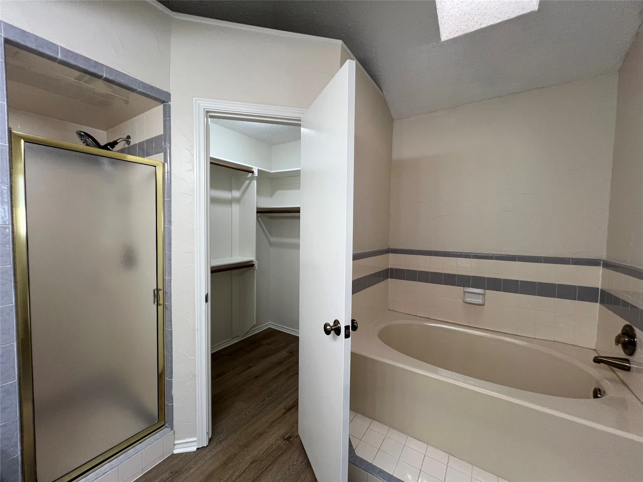 Walk-in shower with a frosted glass door, separate built-in bathtub, and a walk-in closet with built-in shelving