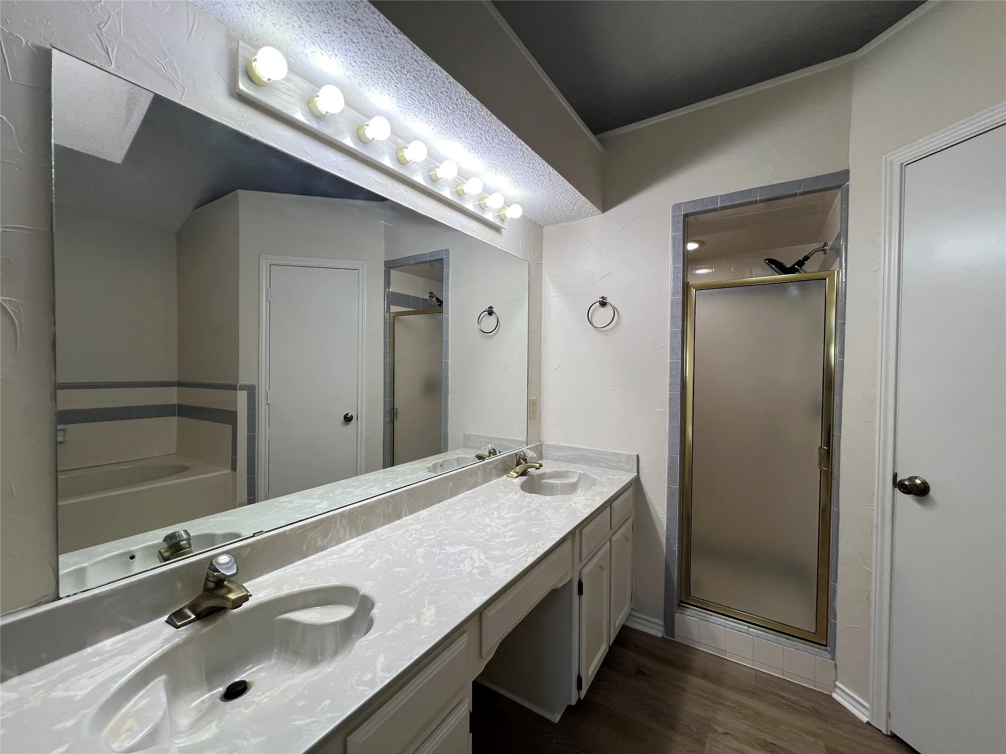 Double vanity with integrated sinks and brass-finish faucets, expansive wall mirror, built-in shower with frosted glass door, and wood-finish flooring