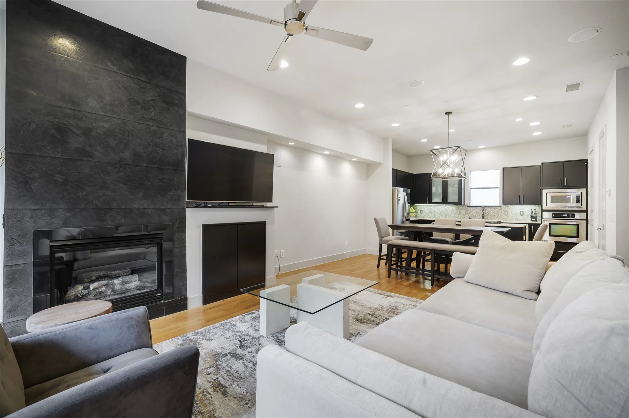 Living Room with Venetian Plaster Fireplace
