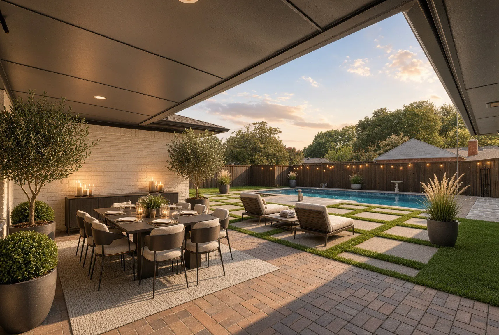 Expansive outdoor living area featuring a covered patio, brick paver flooring, a swimming pool, and a white brick exterior wall