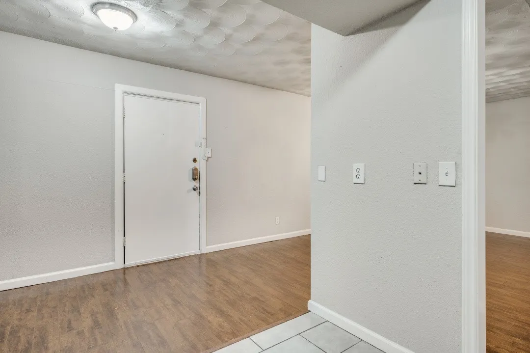 Wood-finish flooring, light gray wall paint, and overhead flush-mount lighting