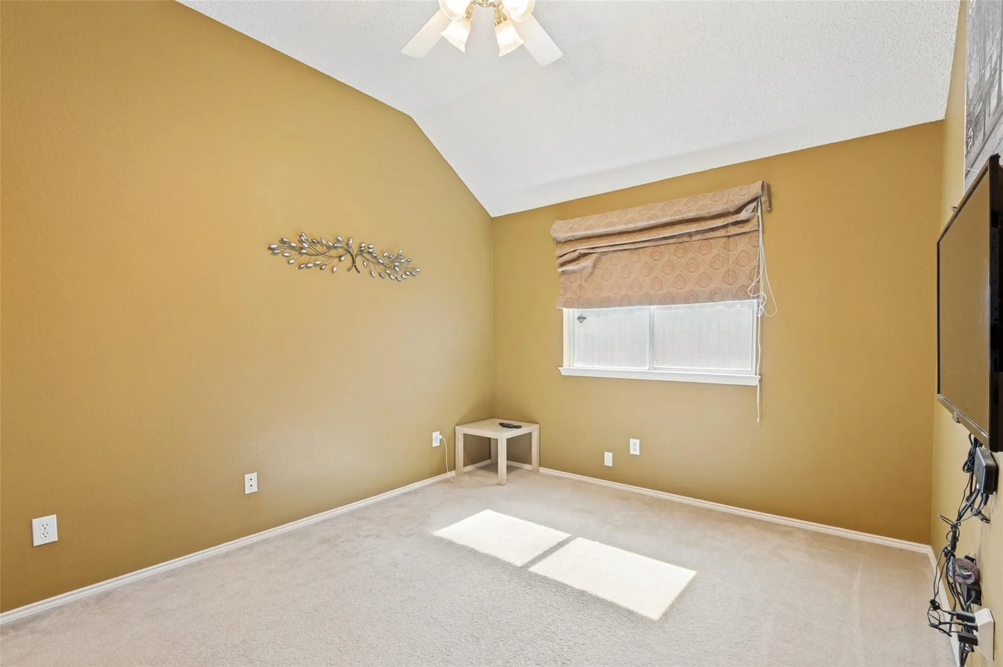 Vaulted ceiling, ceiling fan, window with Roman shade, wall-mounted television bracket, and light carpet