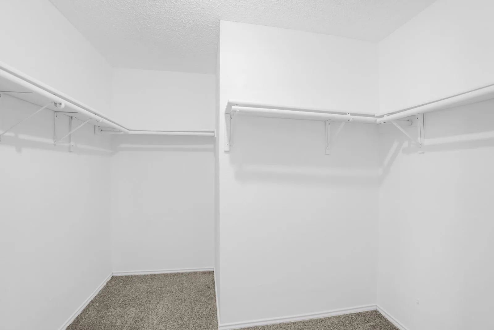 Walk-in closet featuring white wire shelving, hanging rods, and neutral-toned carpet