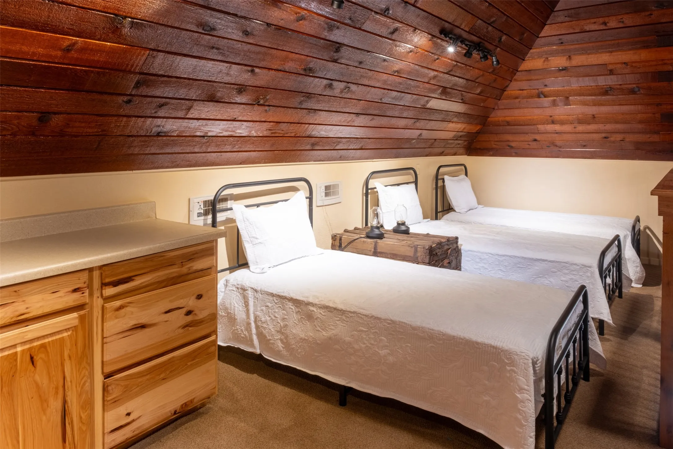 Wood-paneled sloped ceiling with recessed track lighting