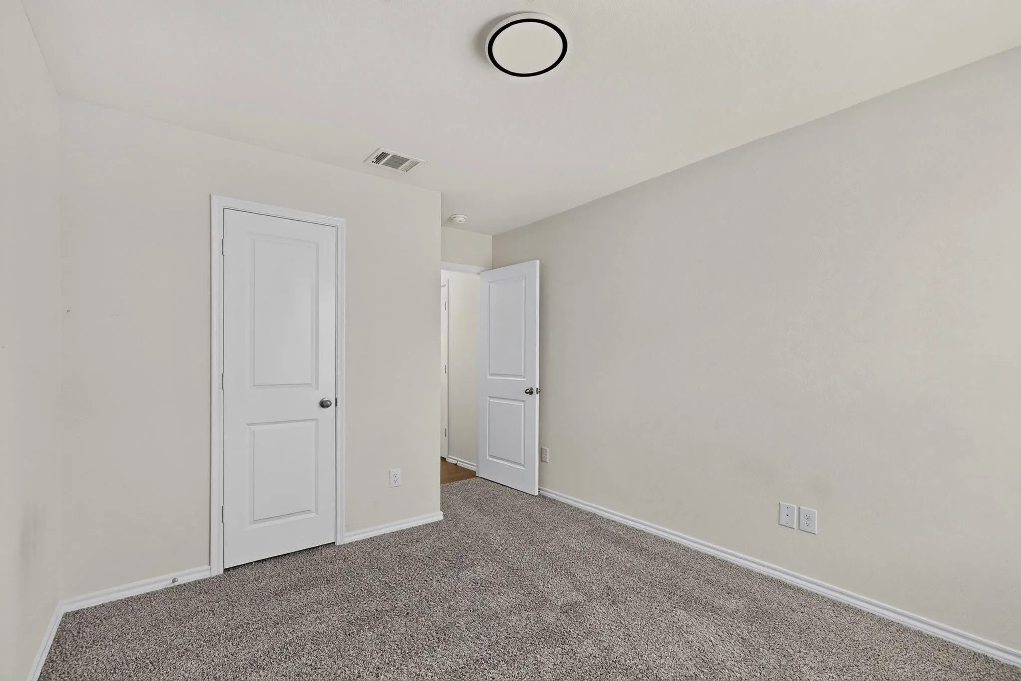 Neutral wall paint, gray carpet, white interior doors, and a ceiling-mounted light fixture