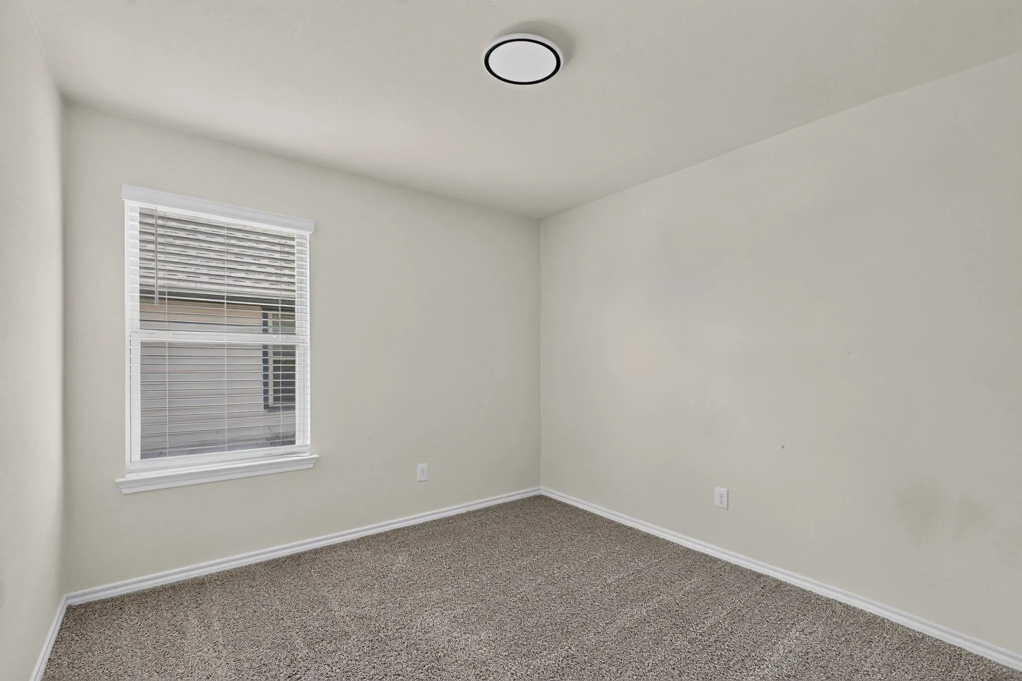 Neutral wall paint, window with blinds, overhead flush mount light, and carpet flooring