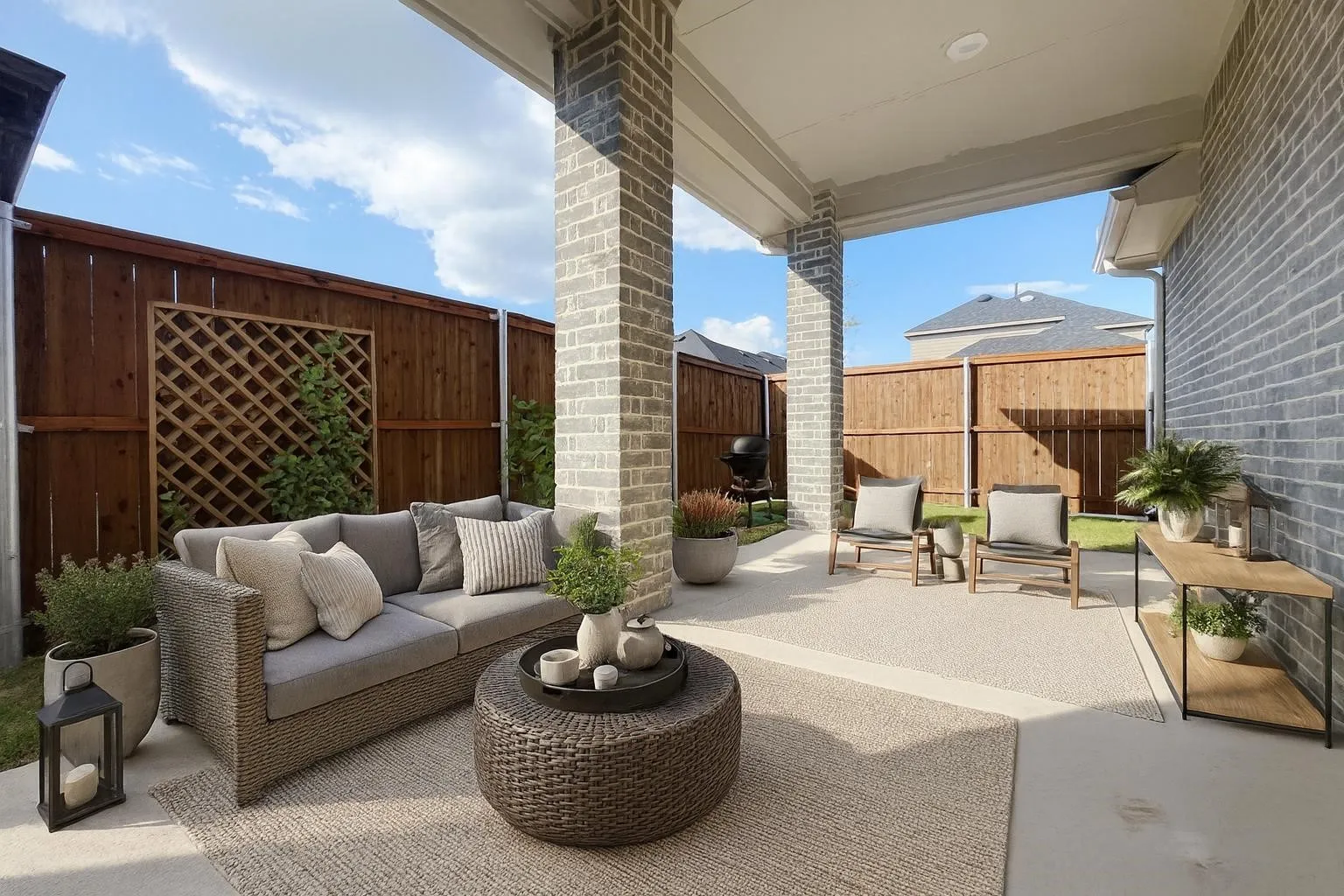 Covered outdoor living space featuring concrete flooring, a brick exterior wall, and a wood privacy fence