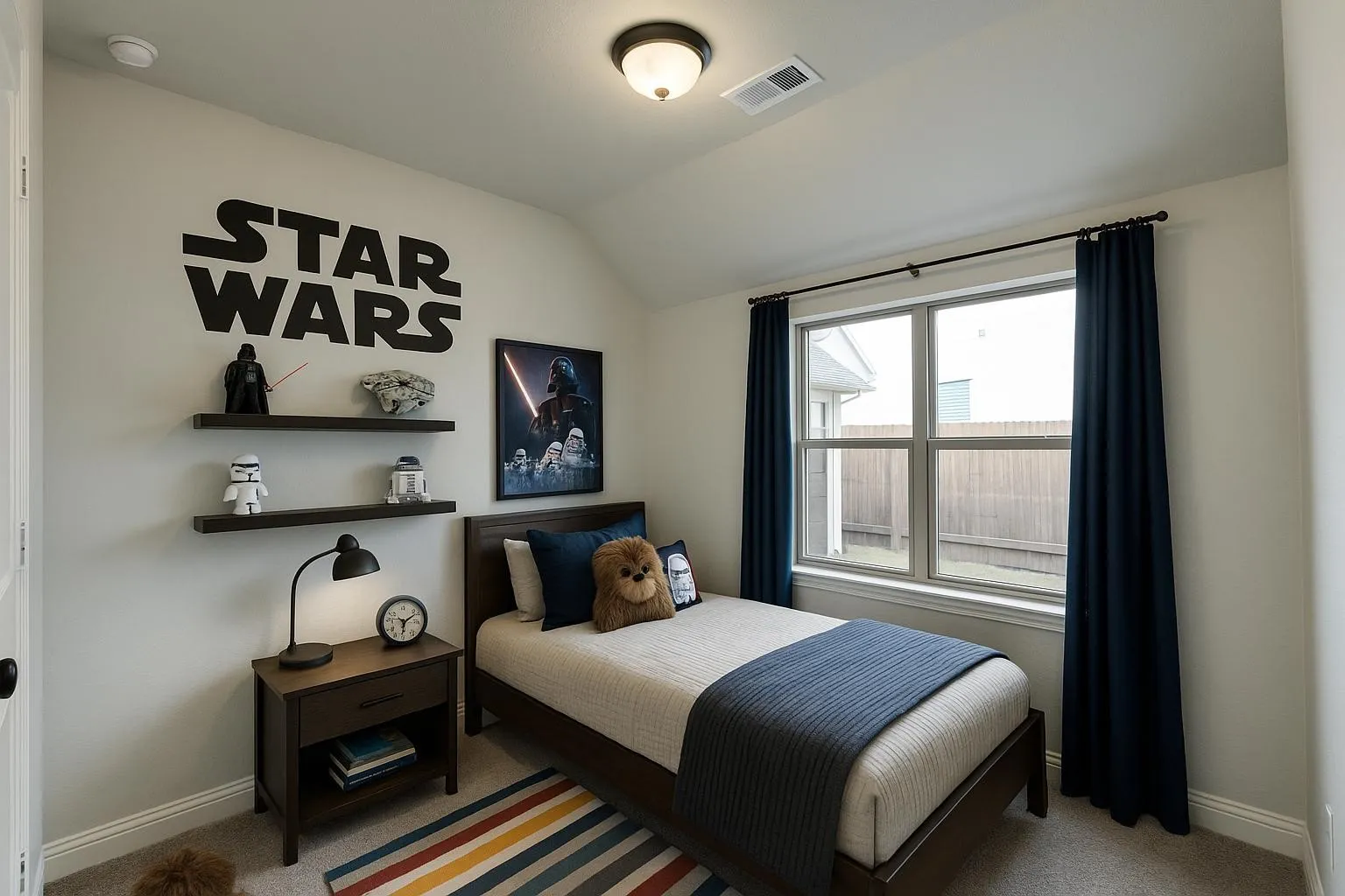Tray ceiling with recessed lighting, dual window with exterior fencing, built-in floating shelves, and carpet flooring