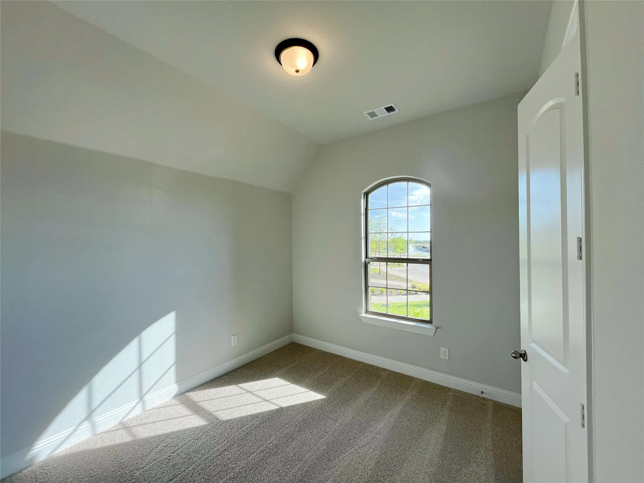 Arched window, textured carpet, white panel door, and ceiling-mounted light fixture