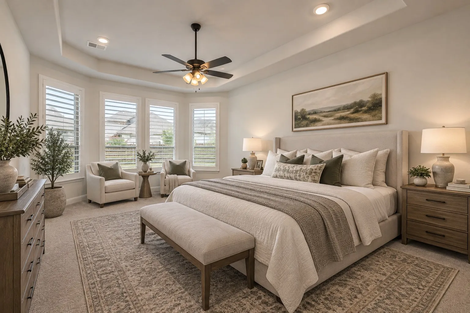 Recessed lighting with a ceiling fan, bay windows with plantation shutters, tray ceiling, and carpeted flooring