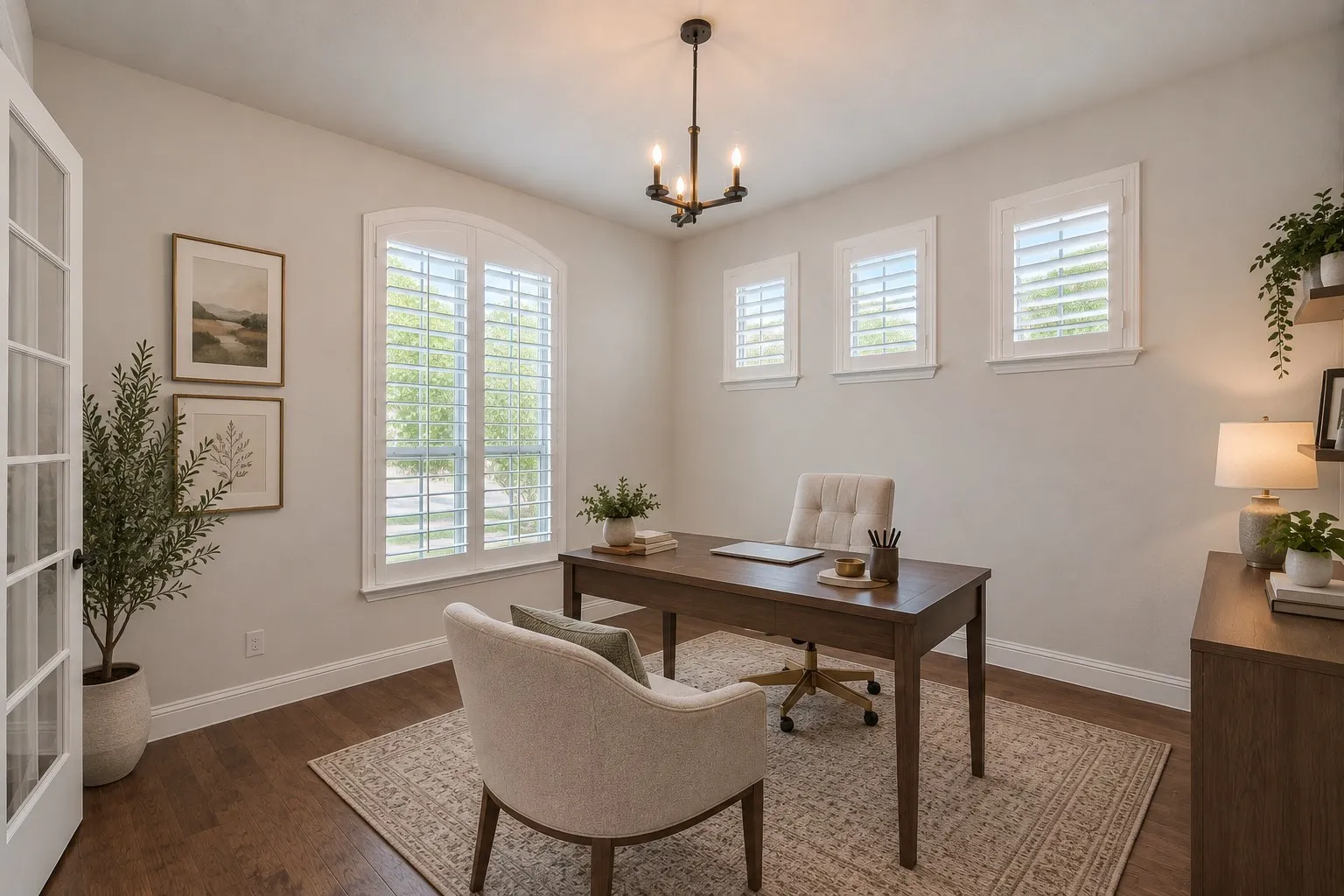 Wood-finish flooring with a neutral wall palette, French doors, and multiple windows with white plantation shutters