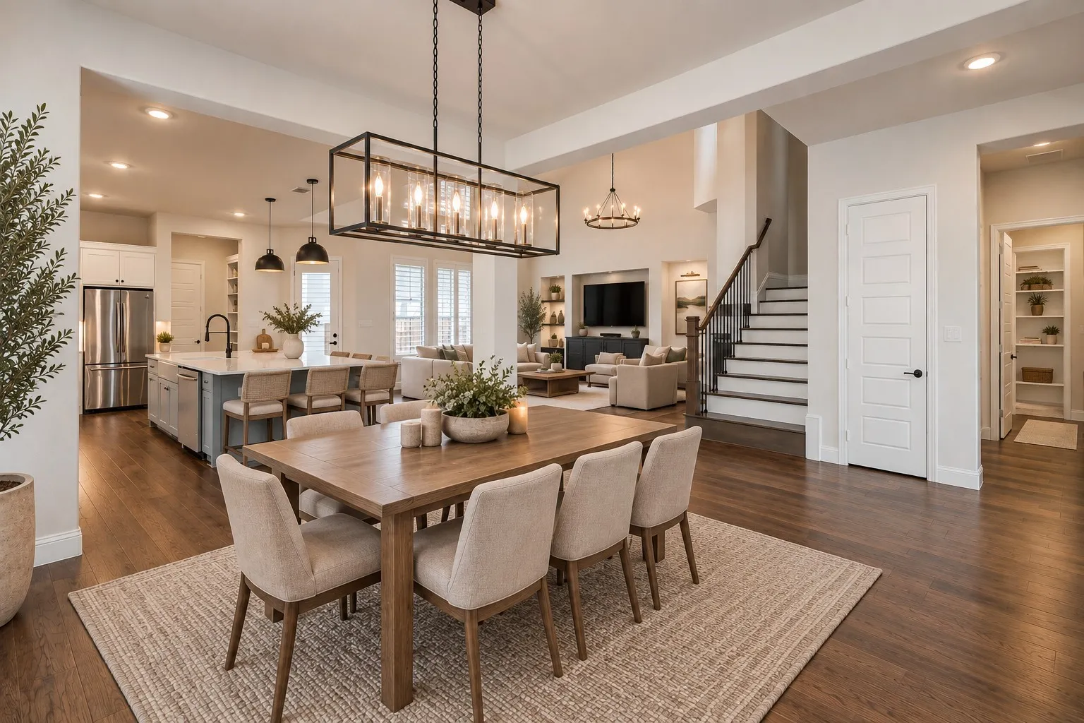 Open-concept design featuring wood-finish flooring, a kitchen island with seating, built-in shelving, and a prominent staircase with dark wood handrails